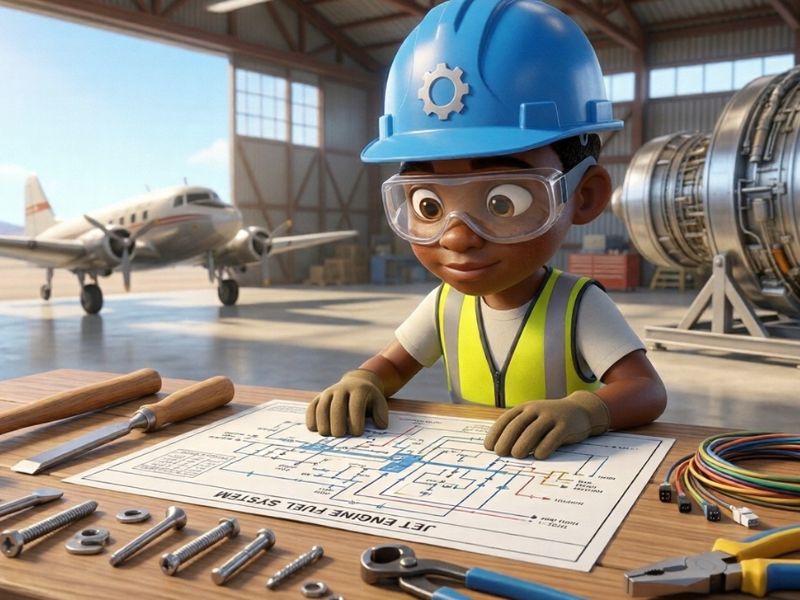 Kamsi in a blue hard hat examining tools at a workbench in an aircraft hangar — from Kamsi's Ingenious Tools
