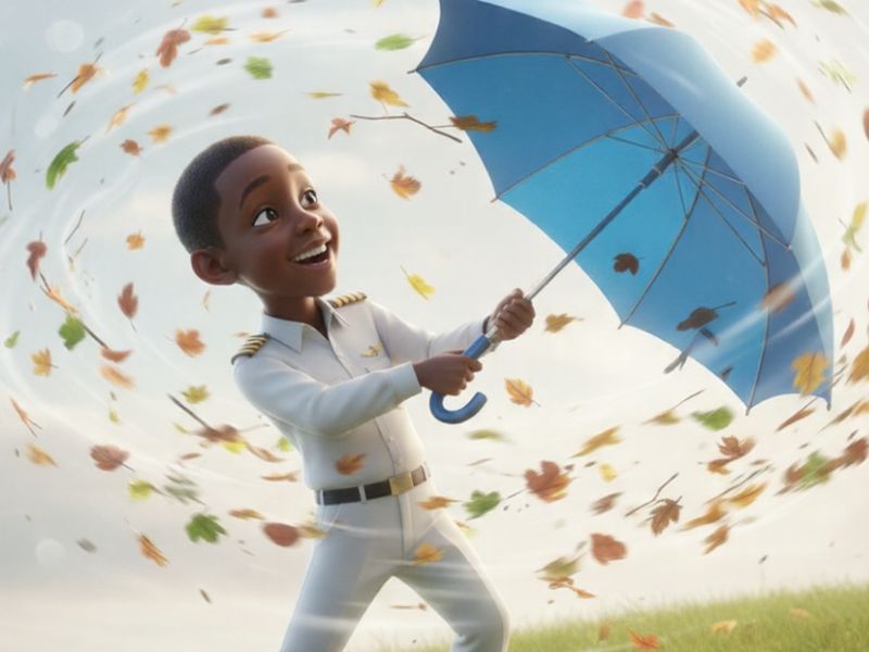 Kamsi in pilot uniform holding a blue umbrella in the wind with leaves swirling around him — illustrating resilience